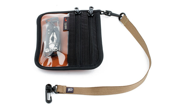 A 16-inch Key Strap with a snaphook at one end and an o-ring at the other attached to a Double Organizer Pouch.